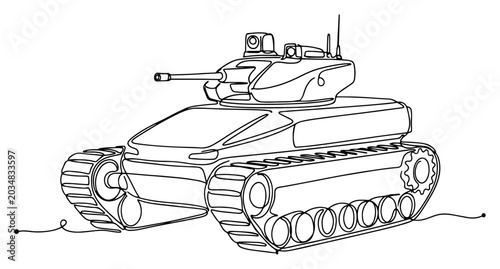 Military battle tank armored vehicle in minimalist continuous line art style