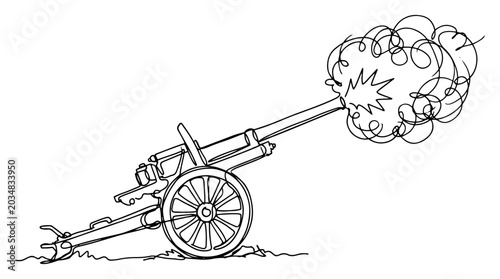 Schilderij op canvas Artillery cannon firing with smoke explosion cloud in minimalist continuous line