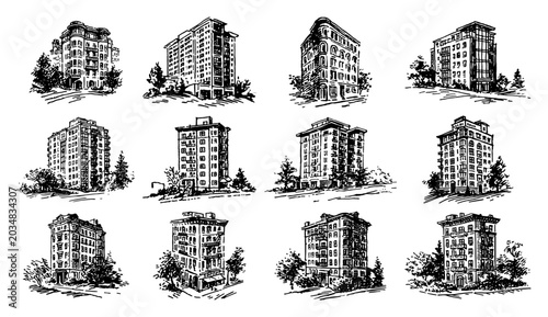 Fotografie Vintage city apartment buildings and multi story residential blocks sketch colle