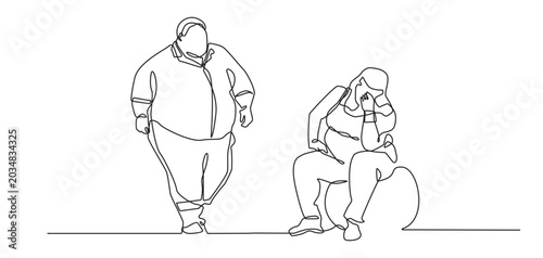 continuous line drawing of obese man and woman.single line drawing of overweight man and woman.single line vector illustration.
