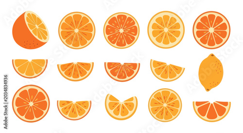 Fotografía Fresh Citrus Fruits Collection: Oranges and Lemon Slices, Healthy Food