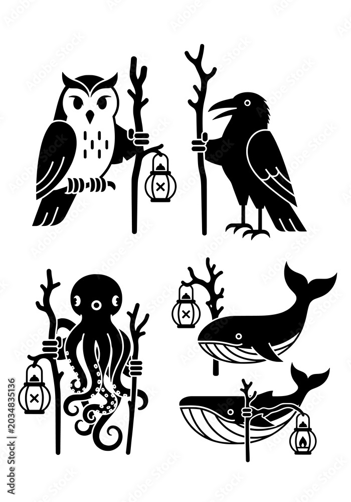Naklejka premium Stylish Birds and Sea Creatures Silhouette Art Print