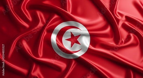 The national flag of tunisia featuring a red field with a white circle containing a red crescent and a fivepointed star