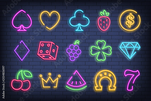 Bright Neon Icons Set Featuring Casino Slot Machine Symbols in Glowing Style
