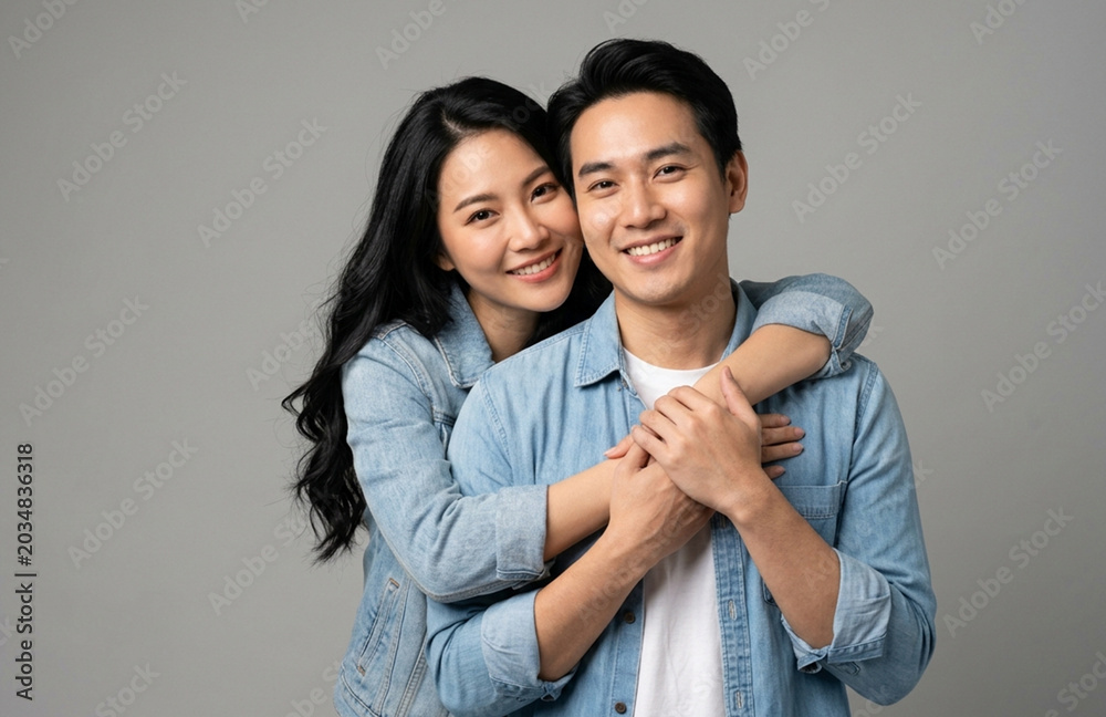 Fototapeta premium A happy young Asian couple wearing matching denim shirts smiles warmly at the camera while the woman embraces the man from behind against a solid grey background
