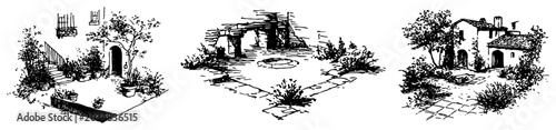 Quadro su tela Mediterranean courtyard with rustic stone houses and archways in vintage hand dr