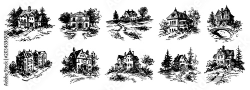 Foto Victorian suburban houses and classic country cottages set in vintage engraving