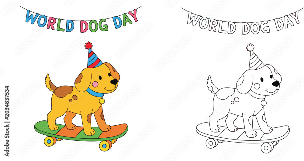 Fototapeta premium World Dog Day: Cartoon Puppy Skateboarder with Party Hat