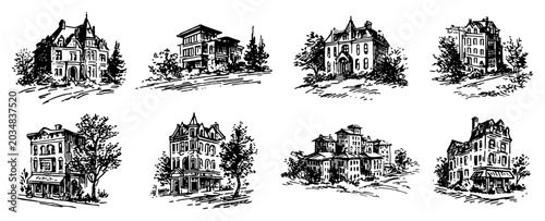 Tableau sur toile Historical mansions and grand estate houses set in vintage engraving style