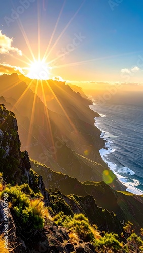 A serene coastal cliffside at sunset with ocean waves
