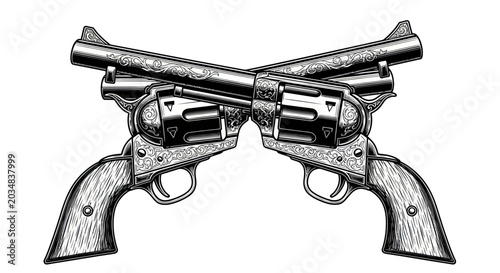 Εκτύπωση καμβά Engraved Revolver Pistols Crossed, Vintage Western Style Illustration