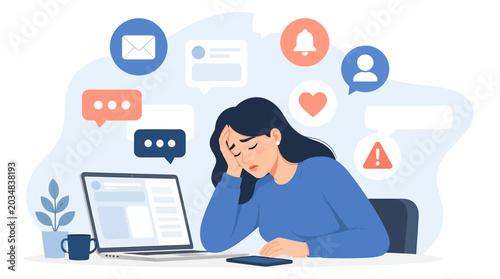 Woman feeling overwhelmed by digital notifications and social media.
