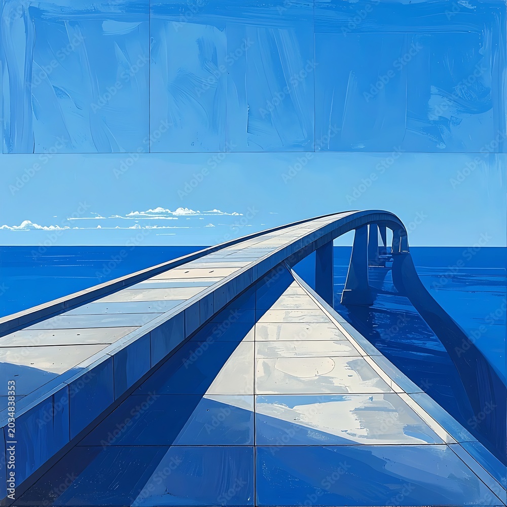 Fototapeta premium A serene blue-toned landscape with a curved bridge over water