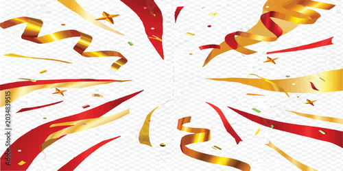 Bild auf Leinwand Confetti and streamers explosion in red and gold with party popper confetti stre