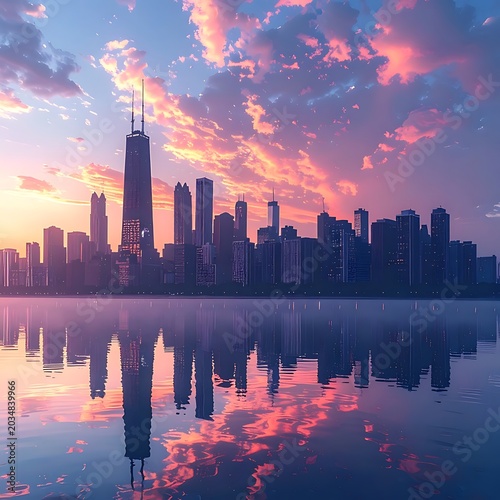 A serene cityscape at sunset with vibrant sky and calm waters