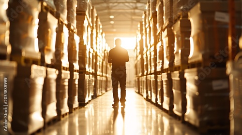 In a warehouse filled with cargo, the silhouette of a manager is seen giving instructions, with the lighting creating dramatic shadows and plenty of copy space.