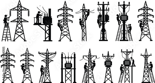 Foto Electrical Power Line Worker Silhouettes with Utility Pole Maintenance and High