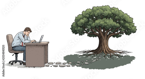 Bilde på lerret Businessman at desk with stone path leading to a flourishing green tree conceptu