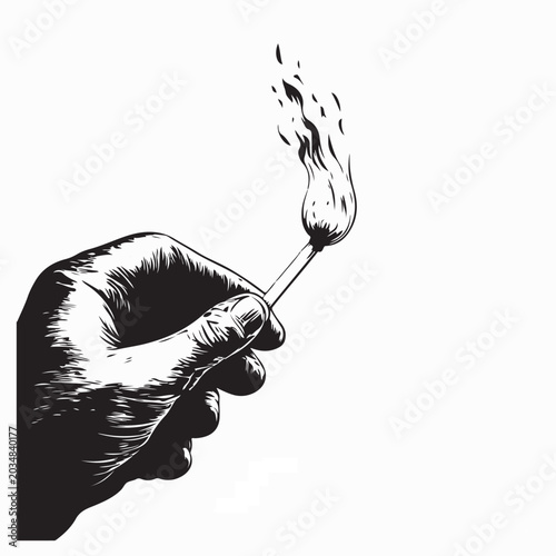 Tableau sur toile Burning Match Flame in Hand Silhouette Art On White Background