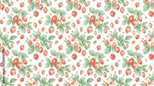 Pastel Strawberry Botanical Repeat Pattern on Clean Background