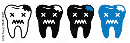 Set of cartoon broken teeth icons with dead eyes and zigzag mouth, dental decay and cavity concept