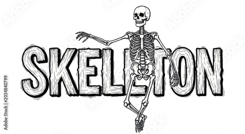 Quadro su tela Dancing Skeleton Over the Word Skeleton, Black and White Illustration
