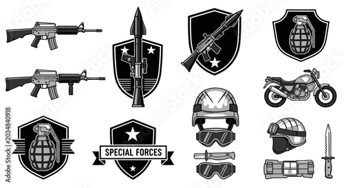 Tableau sur toile Military Special Forces Icons: Weapons, Gear, and Vehicles