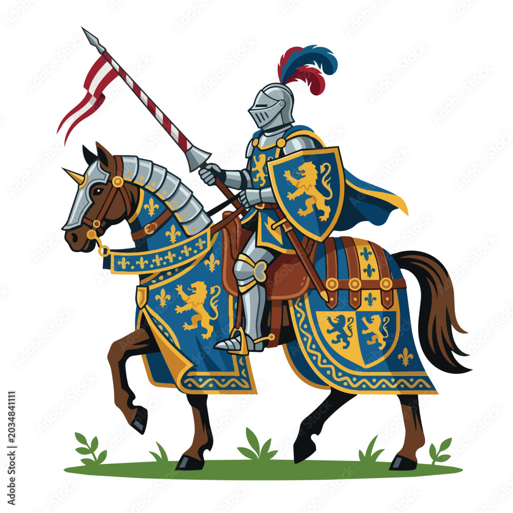 Obraz premium Medieval knight in full armor riding a horse with a lance and shield