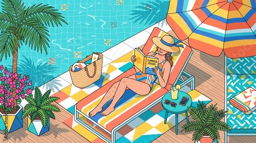 summer vacation in the pool woman reading book