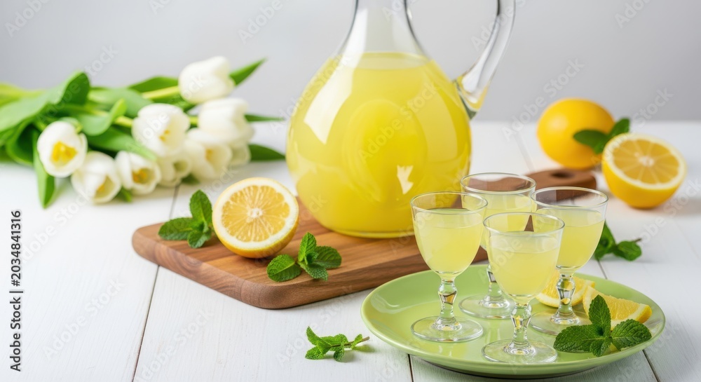 Fototapeta premium Limoncello liqueur in a glass carafe with fresh lemons, mint leaves, and white tulips on a wooden board