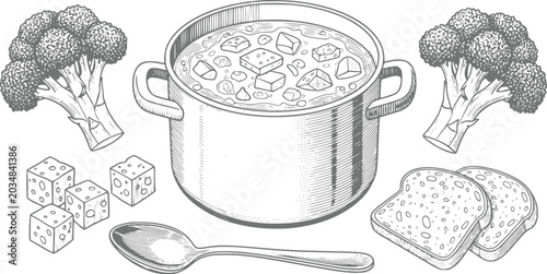 Foto Hand-drawn of a pot of soup with broccoli, cheese, and bread
