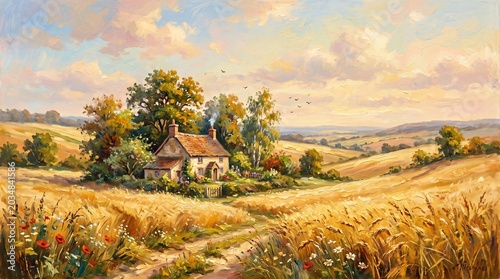 Rustic Rural House in Wheat Field Impressionist Style Artwork