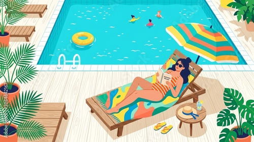 Woman Relaxing by Pool Reading Book Bright Summer Lifestyle