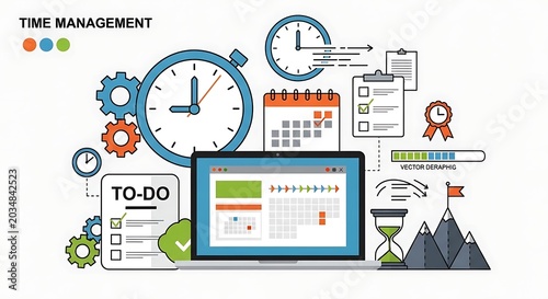 Vector illustration of time management and productivity tools.