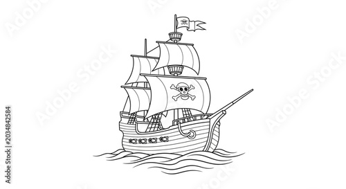 Foto Pirate Ship Illustration - Jolly Roger Flag, Sailing on Wavy Sea, Black and Whit