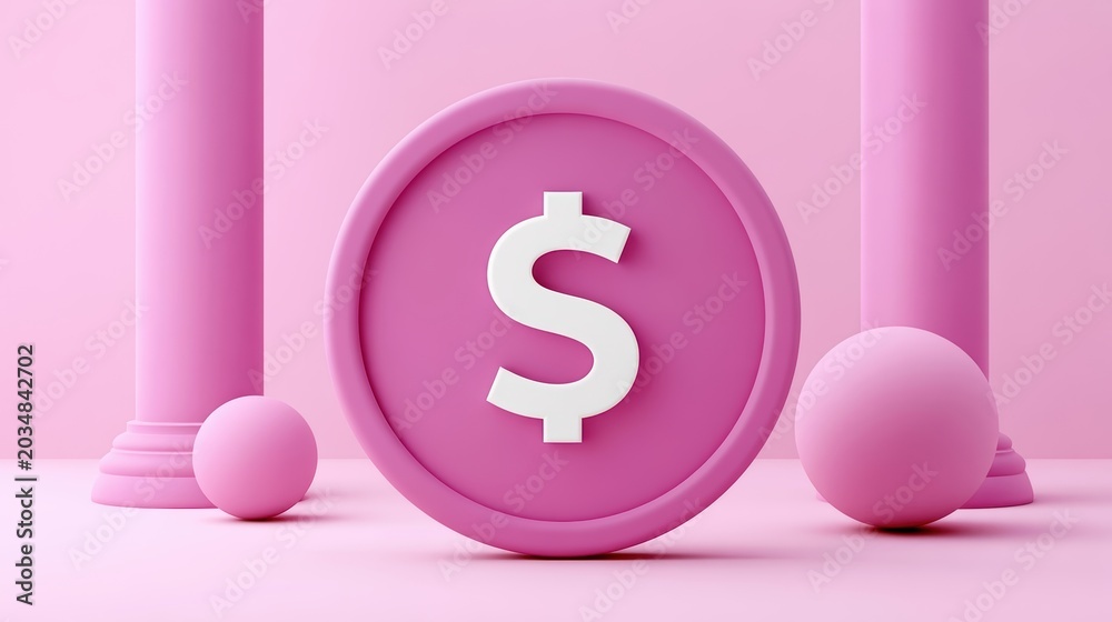Obraz premium Modern pink dollar currency coin with white symbol representing finance wealth and saving concepts in a minimalist 3d rendering