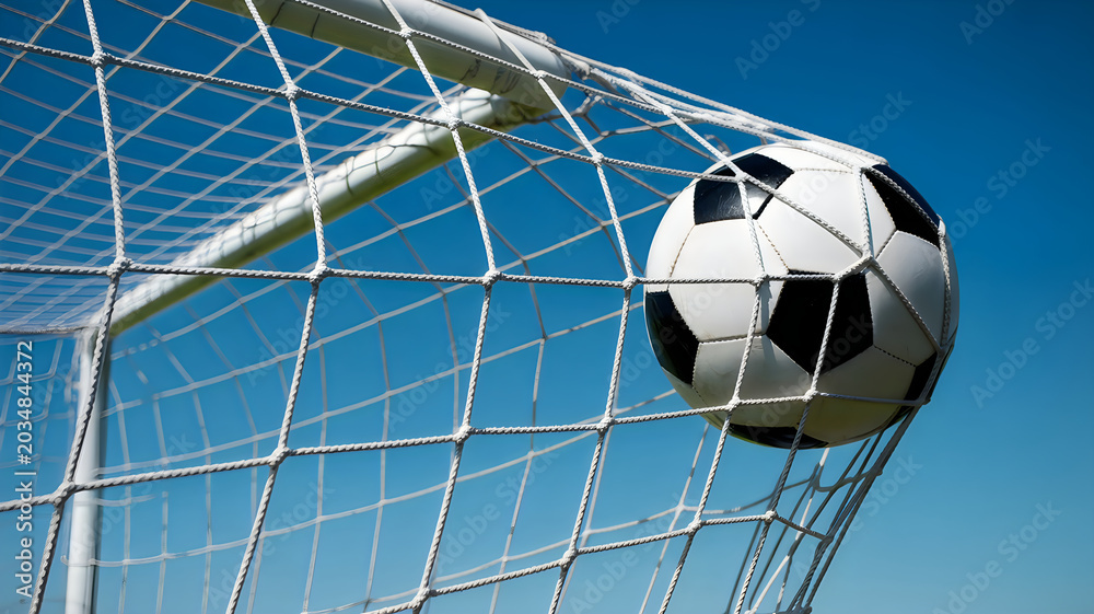 Naklejka premium Soccer ball flying into goal net on a clear day