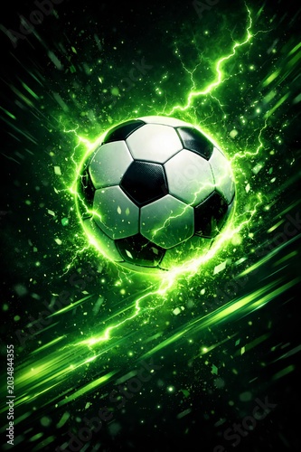 A soccer ball surrounded by vibrant green lightning and energy effects