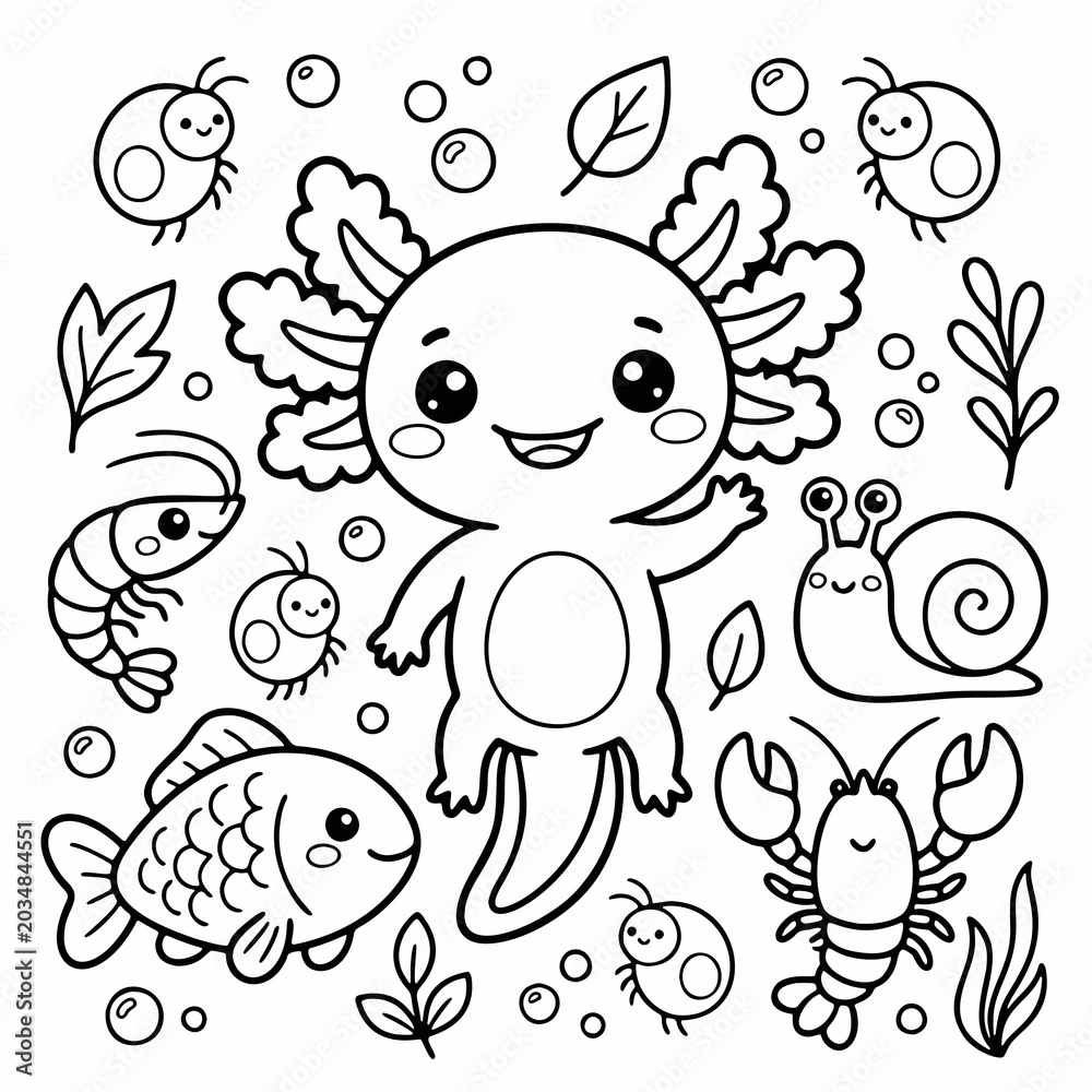 Fototapeta premium Cute Kawaii Axolotl Floating with Underwater Creatures Line Art Illustration