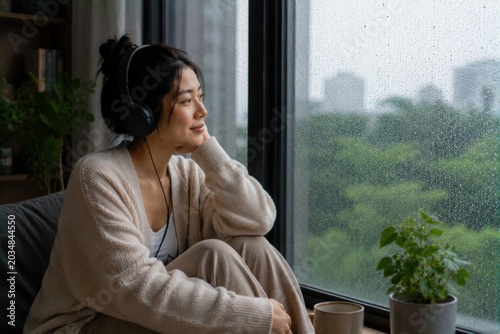 asian woman wearing headphones while sitting beside rainy window, relaxing indoor lifestyle, realistic photography