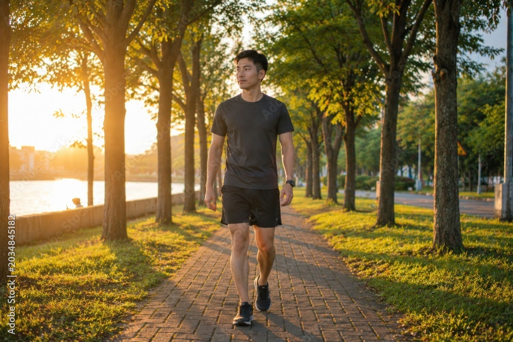 Fototapeta premium Healthy morning exercise routine in a beautiful park setting with fresh air, natural greenery and warm sunlight.