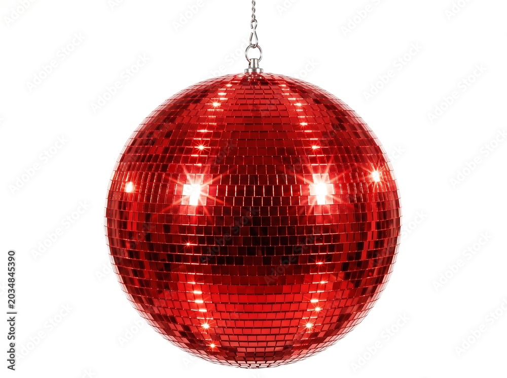 Fototapeta premium A vibrant red disco ball with numerous reflective facets, suspended and sparkling against a plain white background, ready for a party atmosphere.