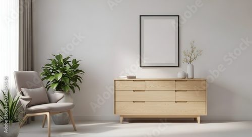 Modern interior design with wooden dresser and framed art