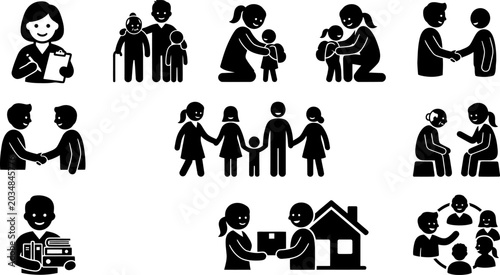 Cuadro en lienzo Diverse family and community interaction icons vector set
