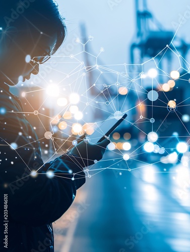 Against a backdrop of interconnected shipment routes, a manager's silhouette examines a tablet, symbolizing supply chain tracking and management.