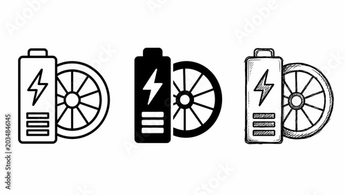 Electric battery and wheel icon set: three unique designs