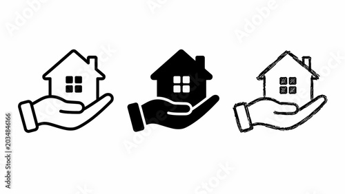 Hand holding house icons: minimalist, black and white, design elements