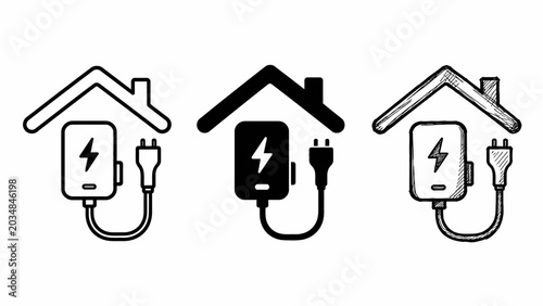 Electric charging station icons inside house shape outline set