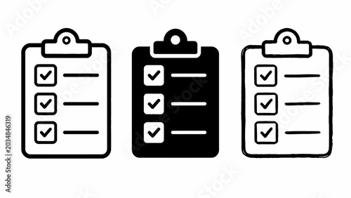 Simple black and white checklist icons on clipboards