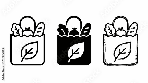 Set of eco-friendly grocery bag icons with leaf and vegetables